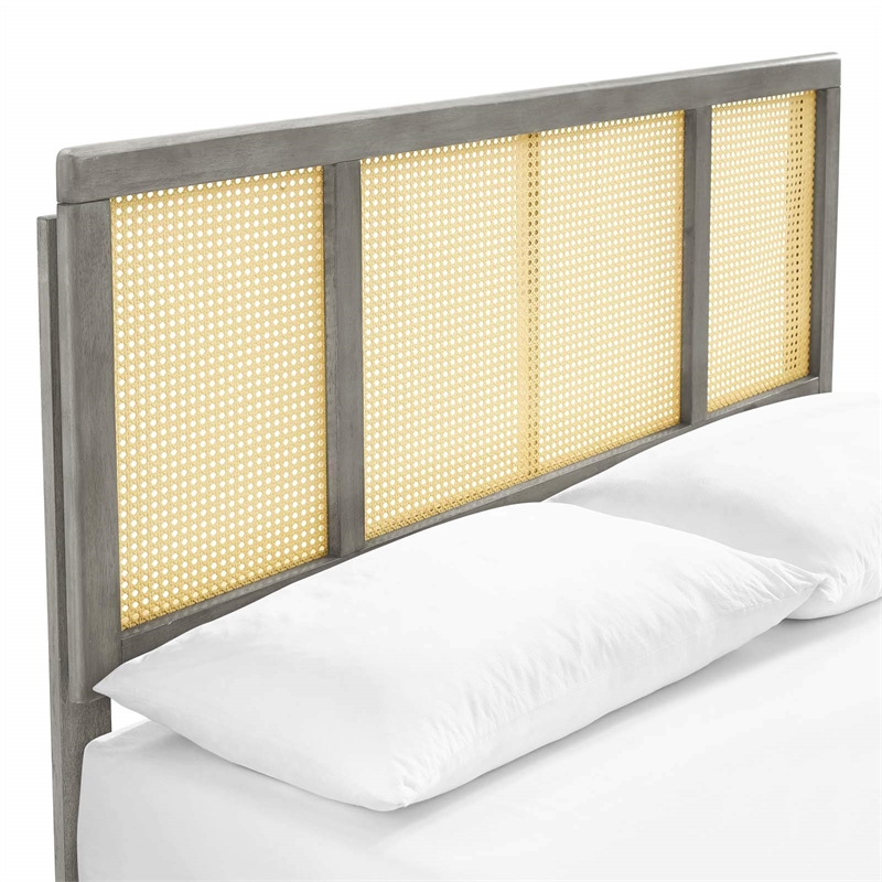 Maklaine Cane Rattan and Wood Full Platform Bed with Splayed Legs in Gray