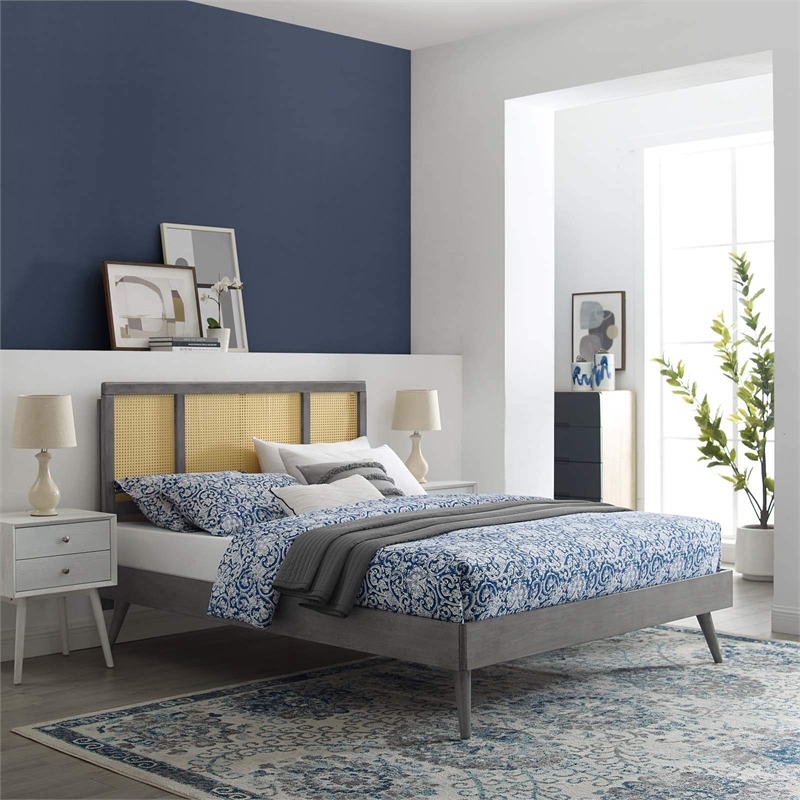 Maklaine Cane Rattan and Wood Full Platform Bed with Splayed Legs in Gray