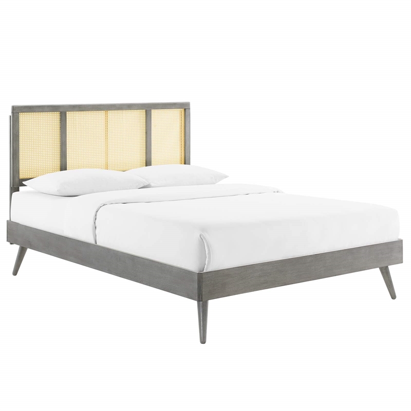 Maklaine Cane Rattan and Wood Full Platform Bed with Splayed Legs in Gray