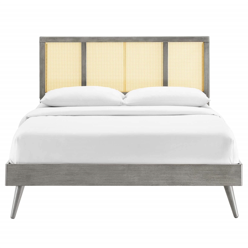 Maklaine Cane Rattan and Wood Full Platform Bed with Splayed Legs in Gray