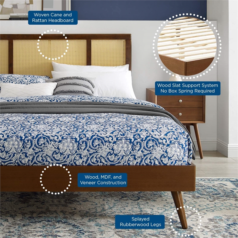 Maklaine Cane Rattan and Wood Full Platform Bed with Splayed Legs in Walnut