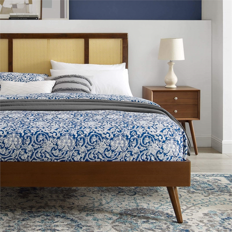 Maklaine Cane Rattan and Wood Full Platform Bed with Splayed Legs in Walnut