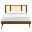 Maklaine Cane Rattan and Wood Full Platform Bed with Splayed Legs in Walnut