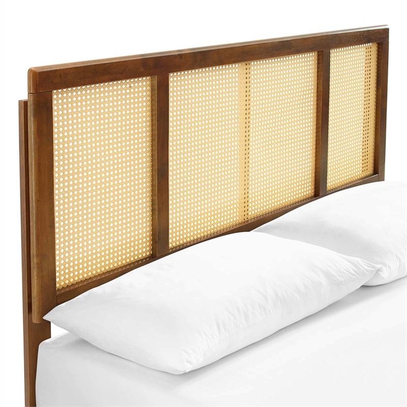 Maklaine Cane Rattan and Wood King Platform Bed with Angular Legs in Walnut