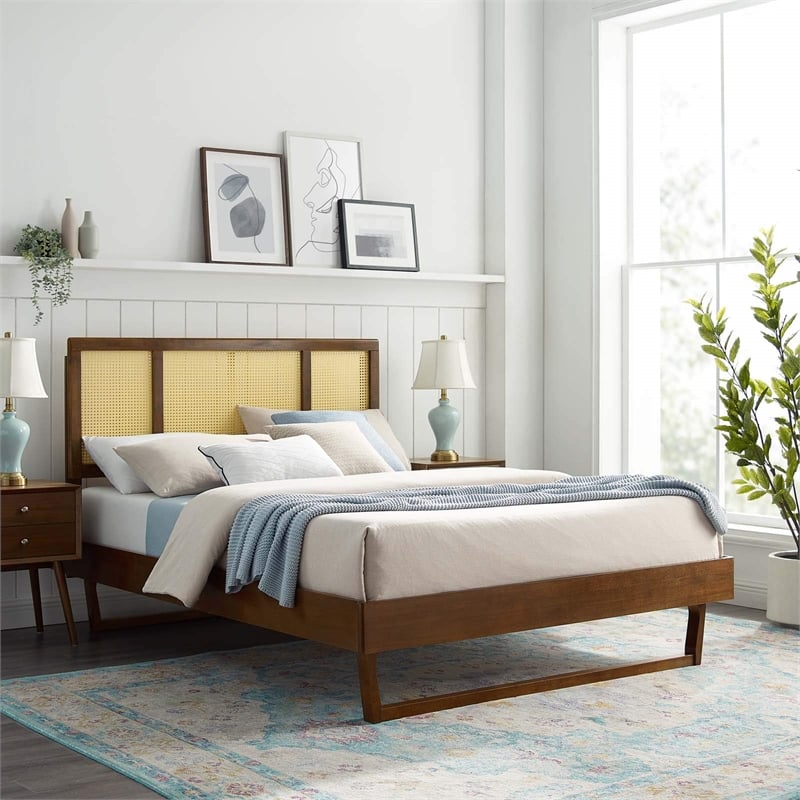 Maklaine Cane Rattan and Wood King Platform Bed with Angular Legs in Walnut