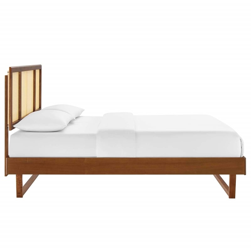 Maklaine Cane Rattan and Wood King Platform Bed with Angular Legs in Walnut