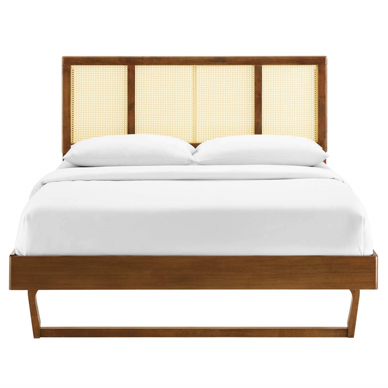 Maklaine Cane Rattan and Wood King Platform Bed with Angular Legs in Walnut