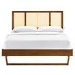 Maklaine Cane Rattan and Wood King Platform Bed with Angular Legs in Walnut