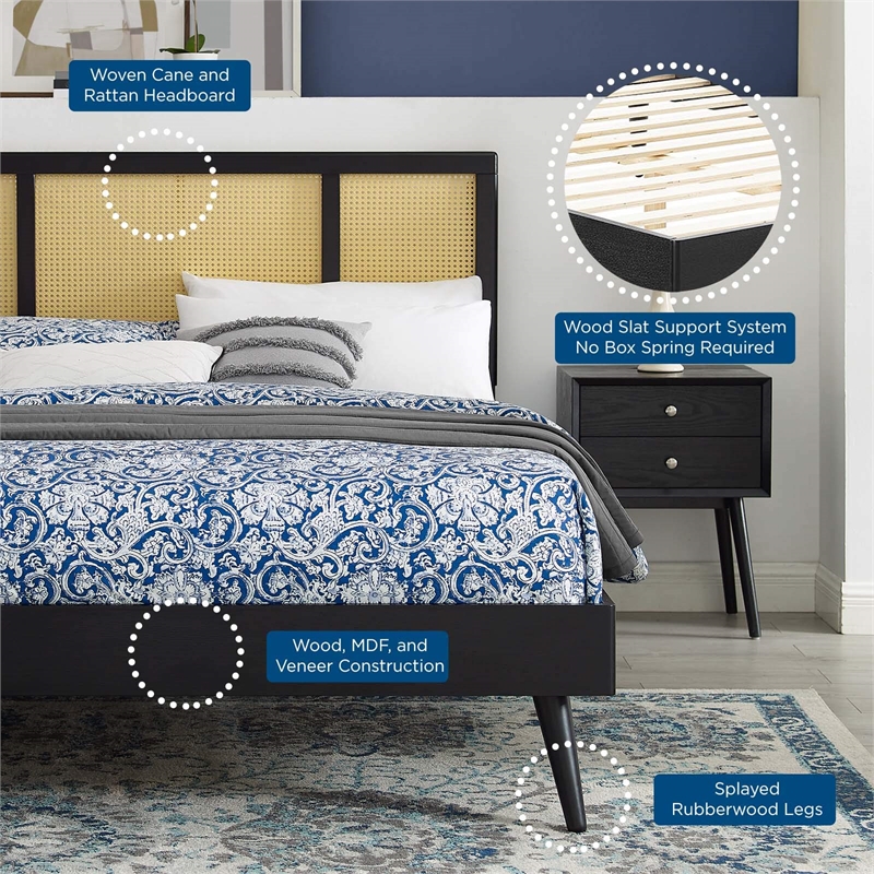 Maklaine Cane Rattan and Wood King Platform Bed with Splayed Legs in Black
