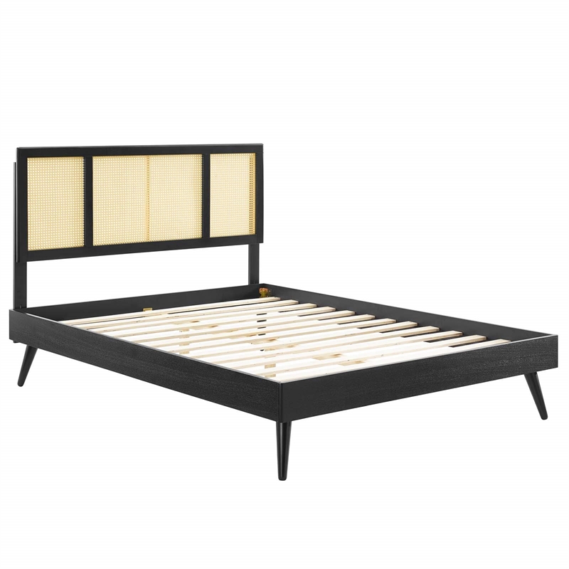 Maklaine Cane Rattan and Wood King Platform Bed with Splayed Legs in Black