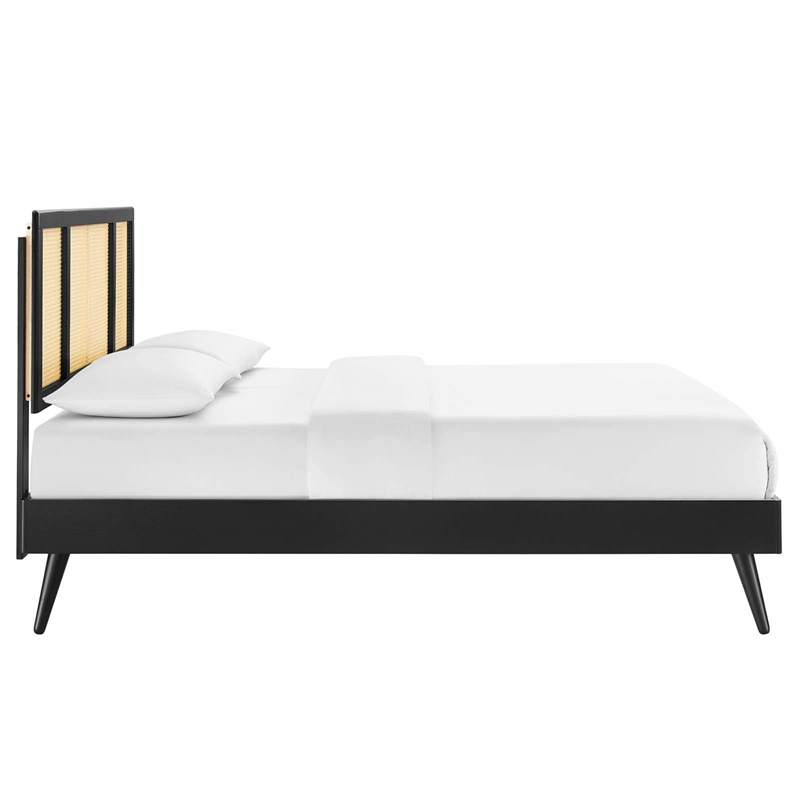 Maklaine Cane Rattan and Wood King Platform Bed with Splayed Legs in Black