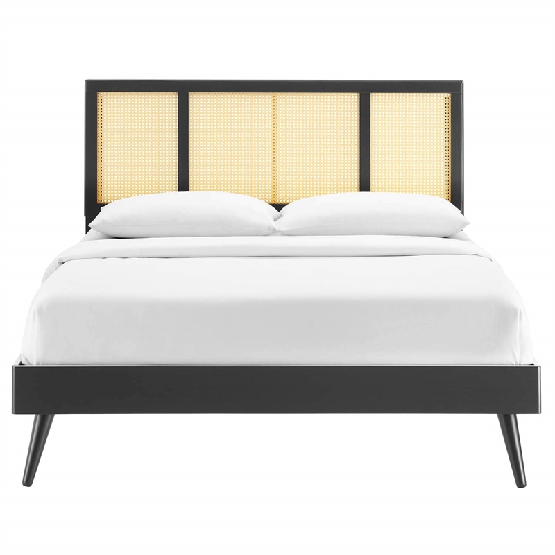 Maklaine Cane Rattan and Wood King Platform Bed with Splayed Legs in Black