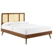 Maklaine Cane Rattan and Wood King Platform Bed with Splayed Legs in Walnut