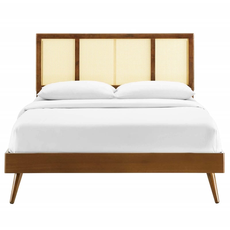Maklaine Cane Rattan and Wood King Platform Bed with Splayed Legs in Walnut