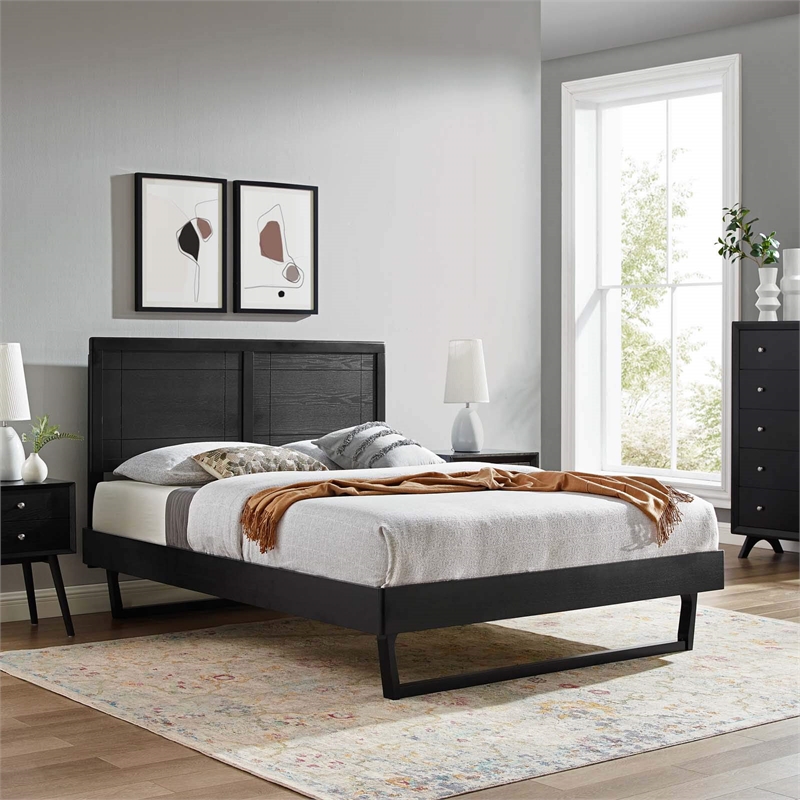 Maklaine Wood Frame Queen Platform Bed with Angular Frame in Black