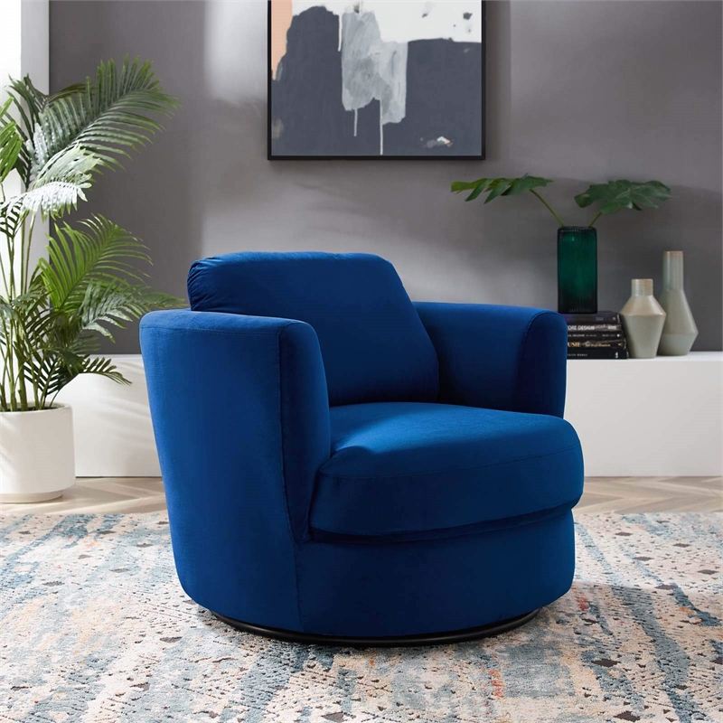 Maklaine Contemporary Performance Velvet Swivel Fabric Armchair in Navy