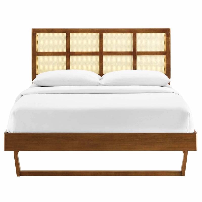 Maklaine Cane Rattan and Wood King Platform Bed with Angular Legs in Walnut