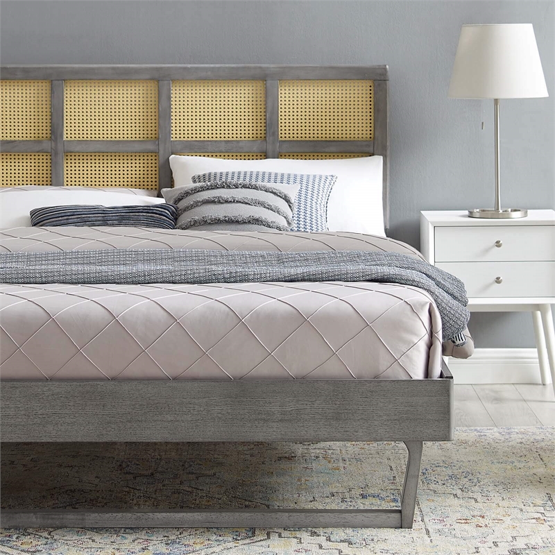 Maklaine Cane Rattan and Wood Queen Platform Bed with Angular Legs in Gray