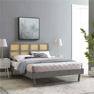 Maklaine Cane Rattan and Wood Queen Platform Bed with Angular Legs in Gray