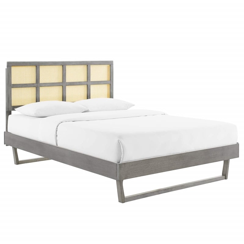 Maklaine Cane Rattan and Wood Queen Platform Bed with Angular Legs in Gray
