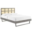Maklaine Cane Rattan and Wood Queen Platform Bed with Angular Legs in Gray