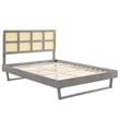 Maklaine Cane Rattan and Wood Queen Platform Bed with Angular Legs in Gray