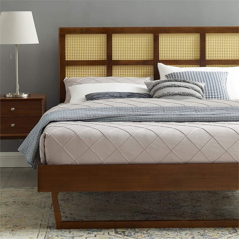 Maklaine Cane Rattan and Wood Queen Platform Bed with Angular Legs - Walnut