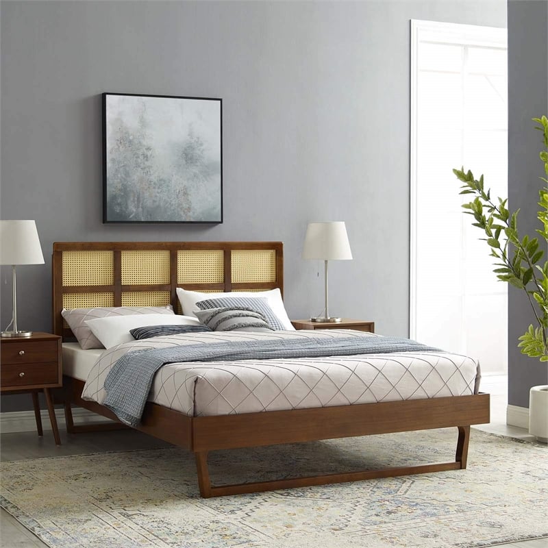 Maklaine Cane Rattan and Wood Queen Platform Bed with Angular Legs - Walnut