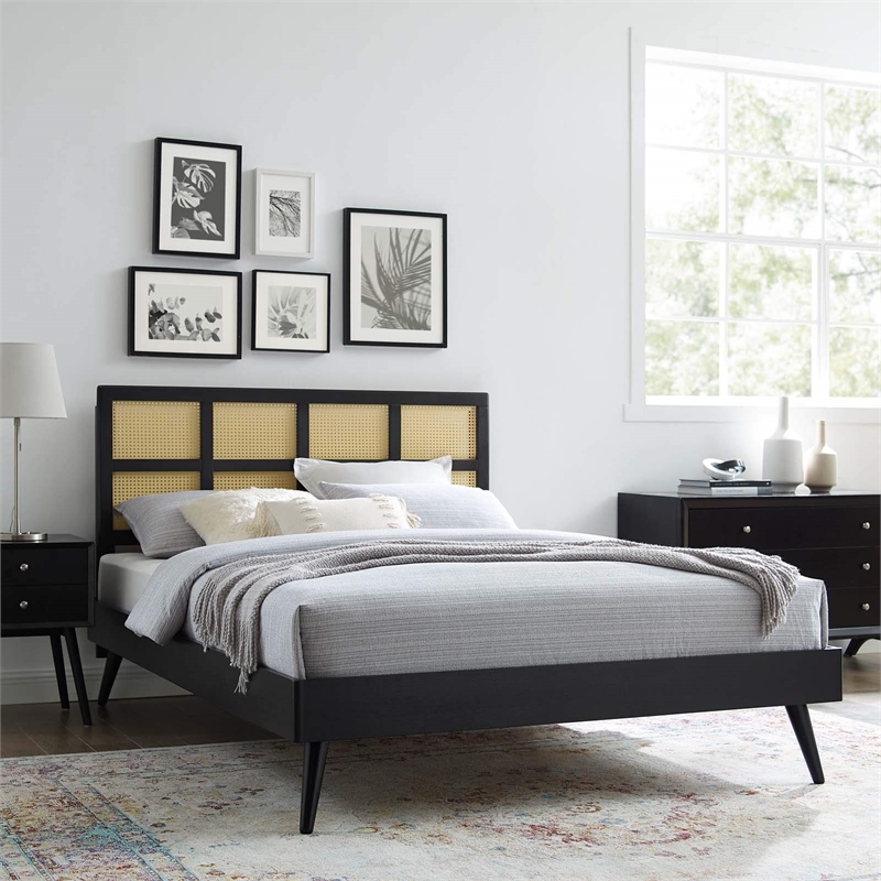 Maklaine Cane Rattan and Wood Queen Platform Bed with Splayed Legs in Black