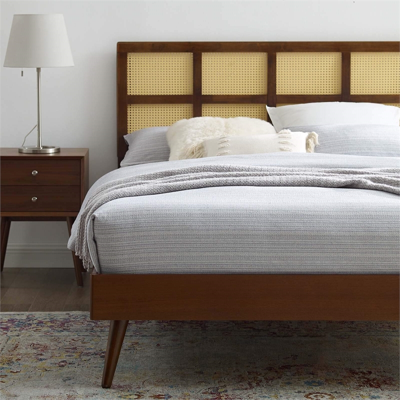 Maklaine Cane Rattan and Wood Queen Platform Bed with Splayed Legs - Walnut
