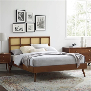 Maklaine Cane Rattan and Wood Queen Platform Bed with Splayed Legs - Walnut