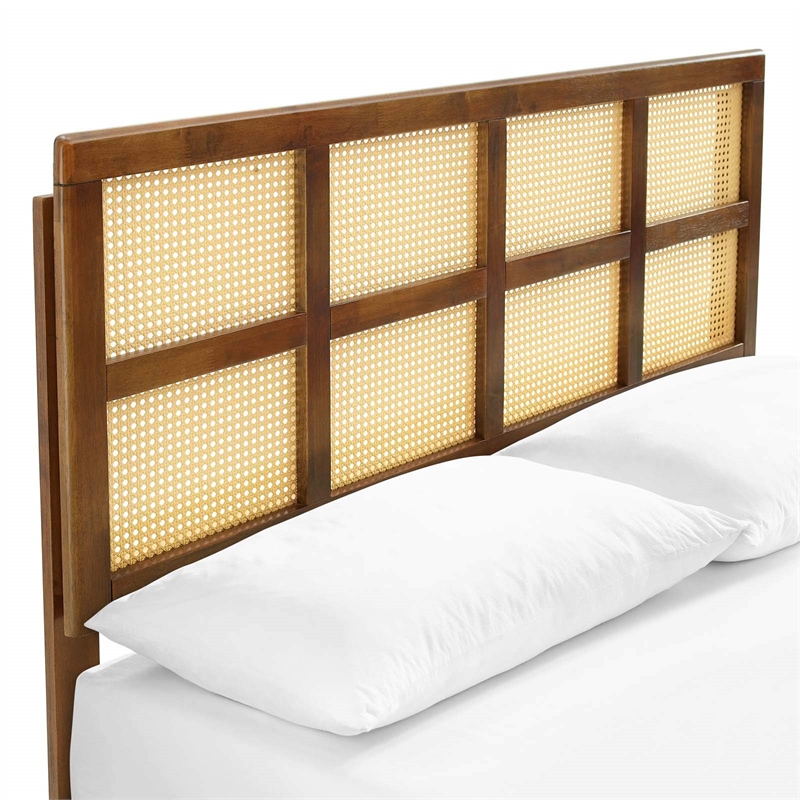 Maklaine Cane Rattan and Wood Queen Platform Bed with Splayed Legs - Walnut
