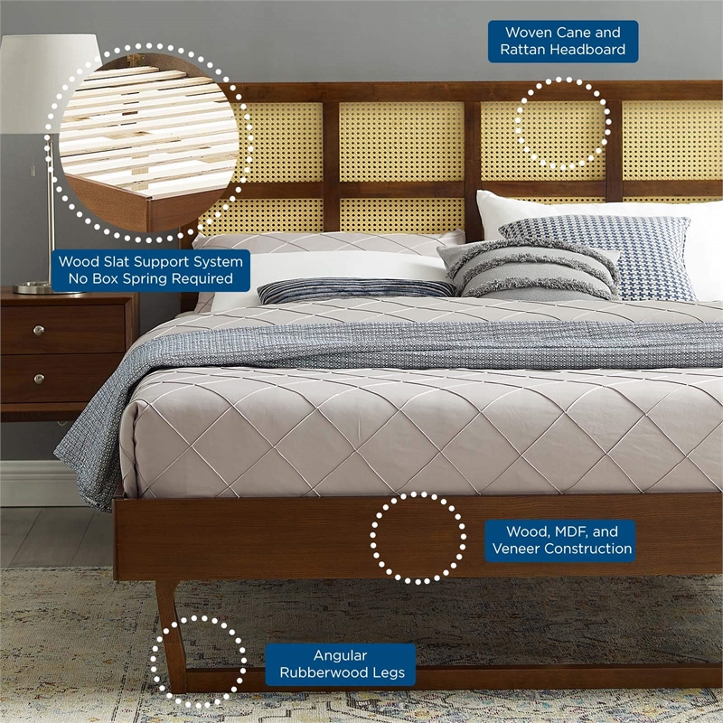 Maklaine Cane Rattan and Wood Full Platform Bed with Angular Legs in Walnut