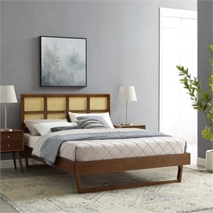 Maklaine Cane Rattan and Wood Full Platform Bed with Angular Legs in Walnut