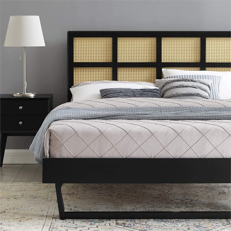 Maklaine Cane Rattan and Wood Queen Platform Bed with Angular Legs in Black