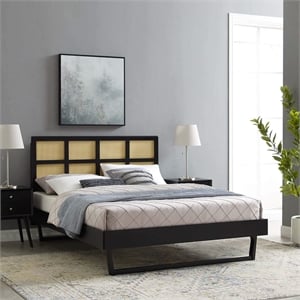 Maklaine Cane Rattan and Wood Queen Platform Bed with Angular Legs in Black