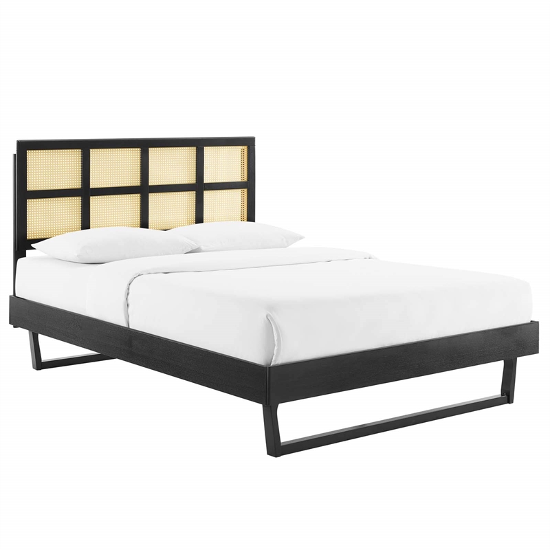 Maklaine Cane Rattan and Wood Queen Platform Bed with Angular Legs in Black