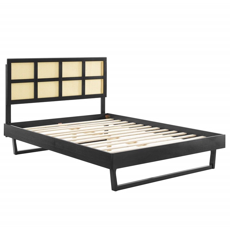 Maklaine Cane Rattan and Wood Queen Platform Bed with Angular Legs in Black