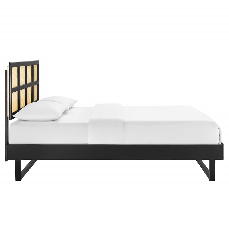 Maklaine Cane Rattan and Wood Queen Platform Bed with Angular Legs in Black