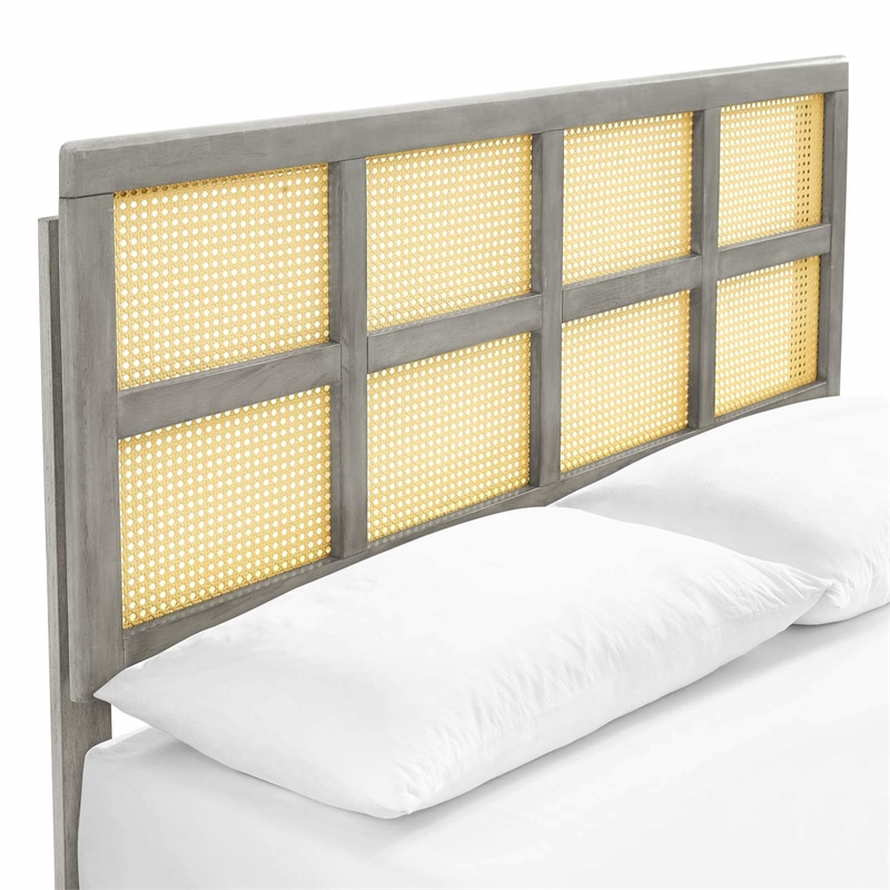 Maklaine Cane Rattan and Wood Full Platform Bed with Splayed Legs in Gray