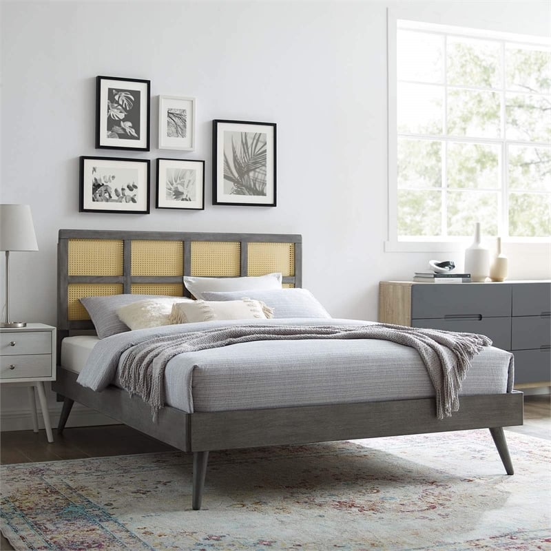 Maklaine Cane Rattan and Wood Full Platform Bed with Splayed Legs in Gray