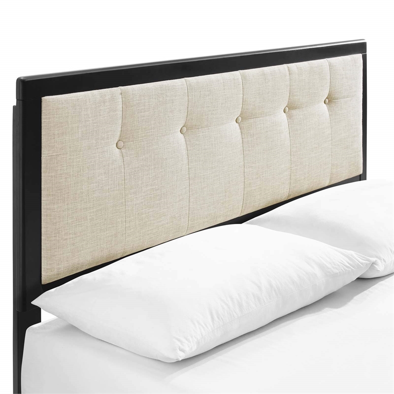 Maklaine Queen Wood Platform Bed with Angular Frame in Black/Beige