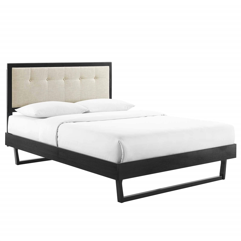 Maklaine Queen Wood Platform Bed with Angular Frame in Black/Beige