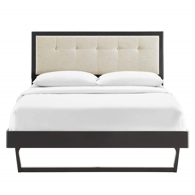 Maklaine Queen Wood Platform Bed with Angular Frame in Black/Beige
