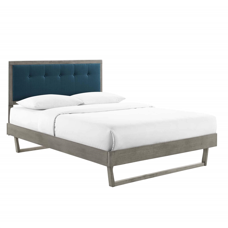 Maklaine Queen Wood Platform Bed with Angular Frame in Gray/Azure