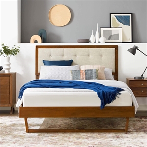 Maklaine Queen Wood Platform Bed with Angular Frame in Walnut/Beige