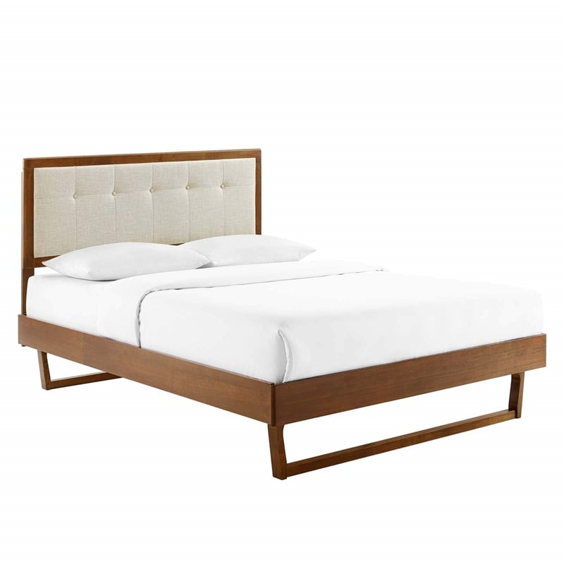 Maklaine Queen Wood Platform Bed with Angular Frame in Walnut/Beige
