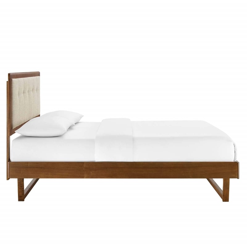Maklaine Queen Wood Platform Bed with Angular Frame in Walnut/Beige