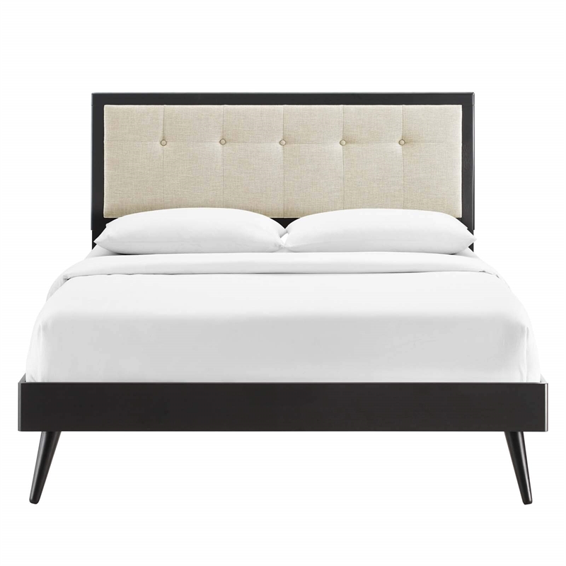 Maklaine Queen Wood Platform Bed with Splayed Legs in Black/Beige