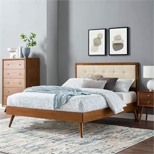 Maklaine Queen Wood Platform Bed with Splayed Legs in Walnut/Beige